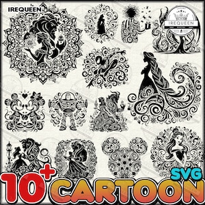 10+ Cartoon Characters Svg Bundle, Princess and Beast Svg, Enchanted Rose Svg, Intricate Weeding Bundle, Cartoon Princess Svg, Digital File