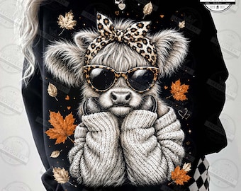 Preppy Fall Highland Cow PNG, Retro Autumn Cow Png, Highland Cow PNG, Halftone Coquette Fall Cow PNG, Western Halftone Fall, Digital File