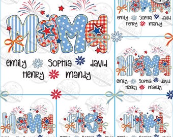 Preppy Mama 4th Of July Glitter Png Bundle, Floral Mama Mimi Nana with kids names Png, American Mama Png, Independence Day Png, Digital File