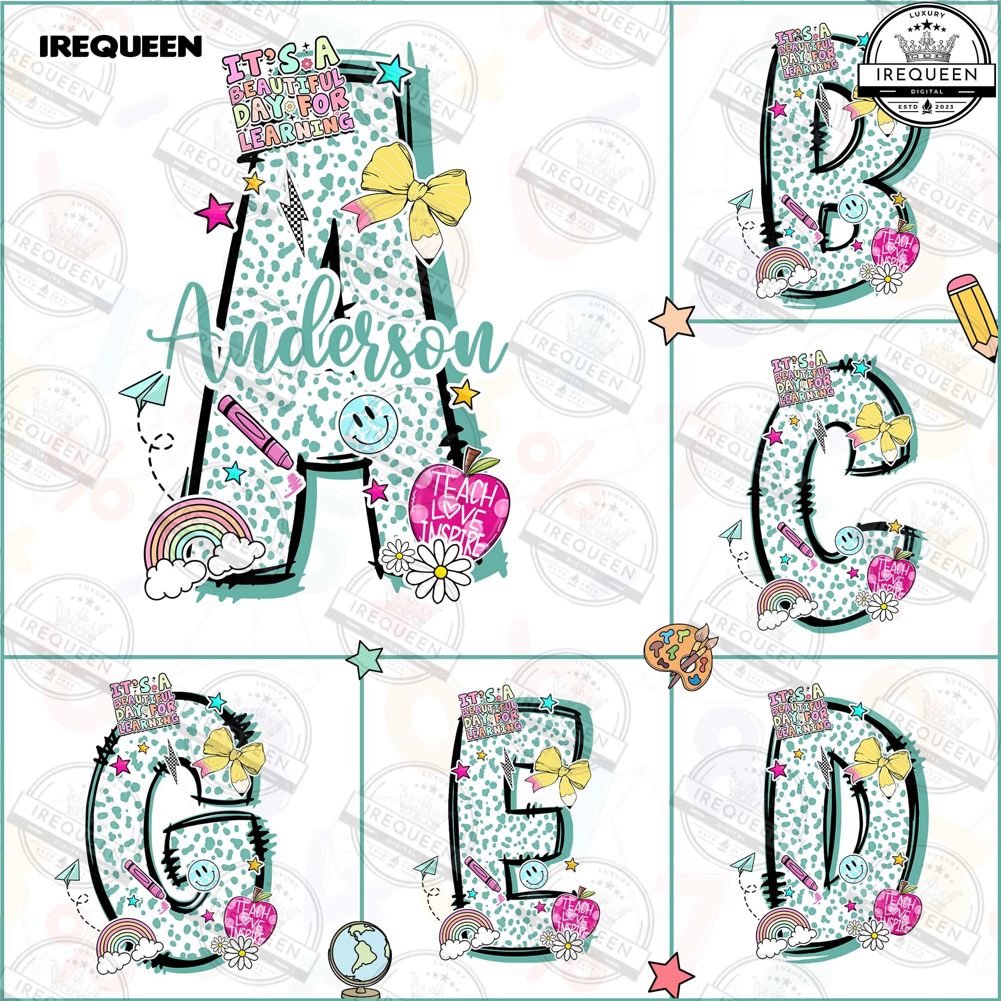Custom Name Alpha Doodle Dots Letters PNG Bundle, Bright Color Palette, Alpha Pencil Set, School Alphabet, Back to School Png, Digital File