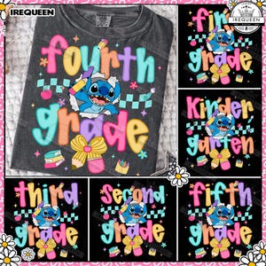 May include: A charcoal gray t-shirt featuring a graphic of the character Stitch from Lilo and Stitch, surrounded by colorful text reading Fourth Grade, along with illustrations of pencils, books, and a yellow bow, set against a checkered pattern.