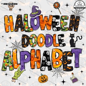 Halloween Doodle Letters With Clip Art, Make Your Own Name, Doodle Alpha Bundle, Halloween Clipart Alphabet Doodle Set PNG, Digital File