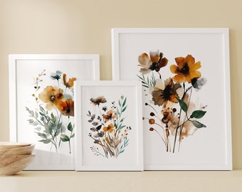 Wildblumen Neutral Aquarell 3er Set, Minimalistische Wildblumen, Druckfertige Wandkunst, Pastell Blumen, Botanisches Poster, Wiesenblumen