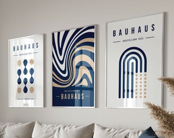 Blau Beige Bauhaus Ausstellung: 3er Set Poster - Druckfertige minimalistische Wandkunst, moderne Mid Century Kunst, Geometrische Formen