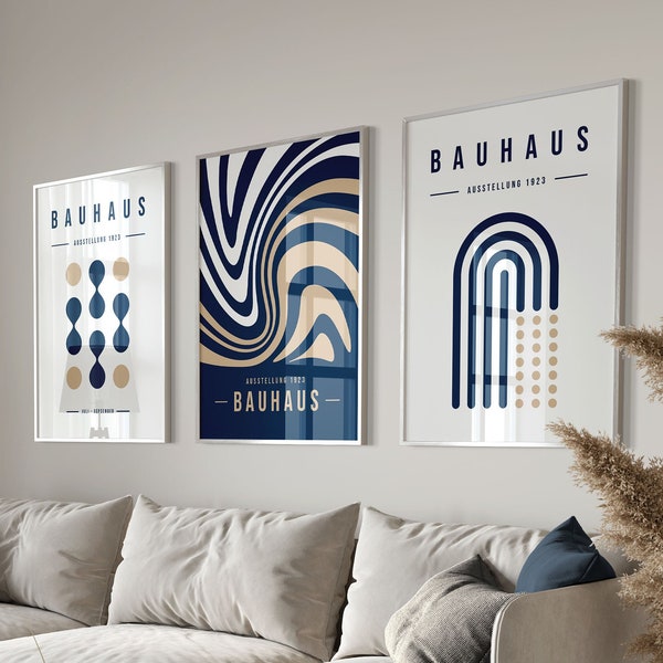 Dunkelblau & Golden Beige Bauhaus Ausstellung: 3er Set Poster - Druckfertige minimalistische Retro Wandkunst, moderne Mid Century Kunst