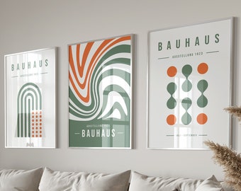 Exposición Bauhaus en verde pastel y naranja retro: conjunto de 3 carteles - Arte de pared retro minimalista listo para imprimir, arte moderno de mediados de siglo