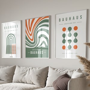 Pastell Grün & Retro Orange Bauhaus Ausstellung: 3er Set Poster - Druckfertige minimalistische Retro Wandkunst, moderne Mid Century Kunst, Geometrisch