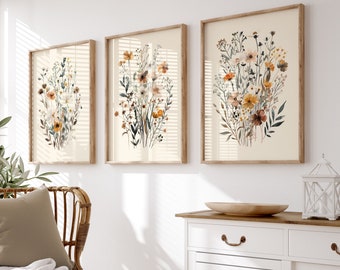 Wildflowers Vintage Watercolor Set of 3, Minimalist Wild Plants, Print-Ready Wall Art, Neutral Flowers, Botanical Poster, Meadow Flowers