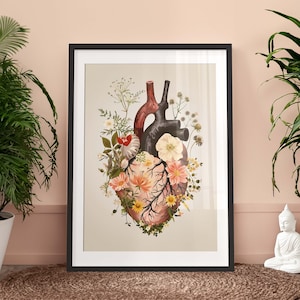 Botanisches Herz Poster - Vintage Anatomie Poster, Druckfertige Wandkunst, Neutrale Farben, Retro florale Blumen, Herz Poster, Boho Deko
