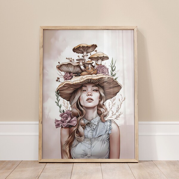 Mushroom Poster | Woman Mushroom Hat, Neutral Colors, Vintage Style, Digital Wall Art, Charming Decor, Botanical Mushroom Style, Mushroom Poster