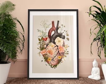 Botanical Heart Poster - Vintage Anatomy Poster, Print-Ready Wall Art, Neutral Colors, Retro Floral Flowers, Heart Poster, Boho Decor
