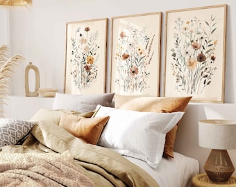 Wildflowers Vintage Watercolor Set of 3, Minimalist Wild Plants, Print-Ready Wall Art, Neutral Flowers, Botanical Poster, Meadow Flowers