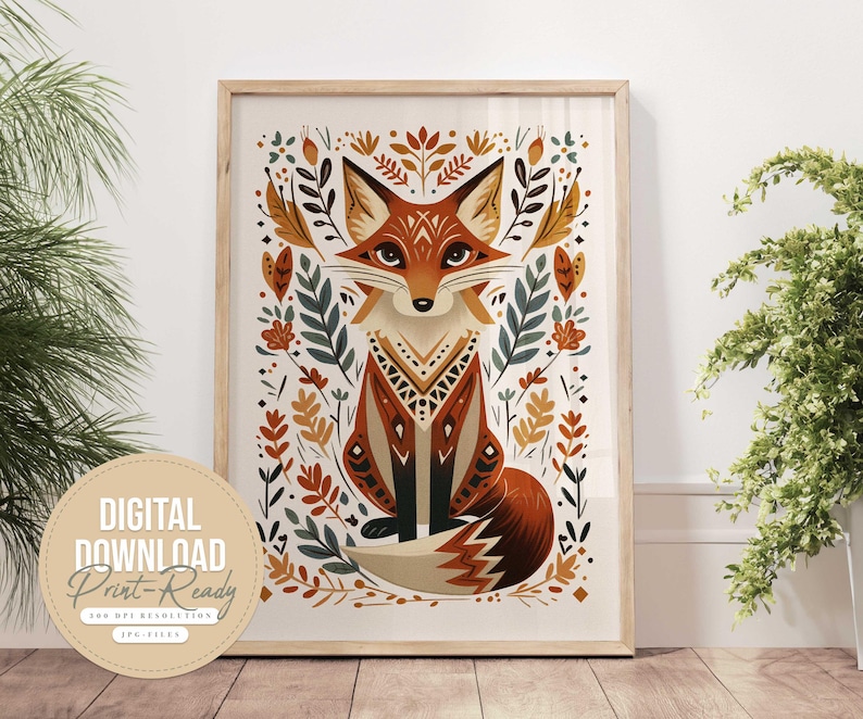 Tierdruck Fuchs, Skandinavische Wandkunst, Volkskunst Fuchs, Druckbares Poster, Nordische Wandkunst, Norwegische Kunst, Wohn- & Kinderzimmer