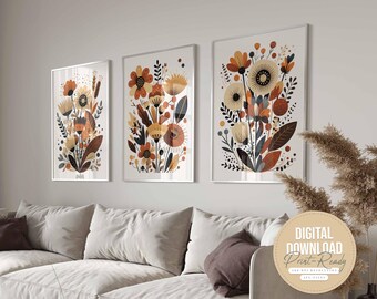 Scandinavian Floral Folk Art Set of 3, Printable Abstract Flower Art, Living Room Bedroom, Nordic Wall Art, Norwegian Art