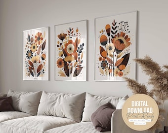Scandinavian Floral Folk Art Set of 3, Printable Abstract Flower Art, Living Room Bedroom, Nordic Wall Art, Norwegian Art