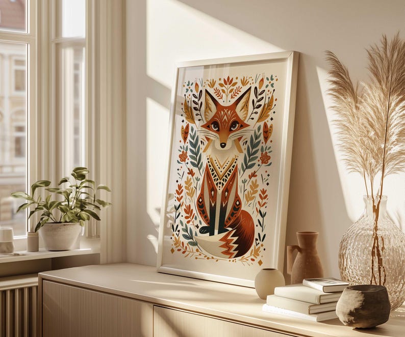 Tierdruck Fuchs, Skandinavische Wandkunst, Volkskunst Fuchs, Druckbares Poster, Nordische Wandkunst, Norwegische Kunst, Wohn- & Kinderzimmer