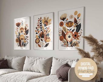 Scandinavian Floral Folk Art Set of 3, Printable Abstract Flower Art, Living Room Bedroom, Nordic Wall Art, Norwegian Art
