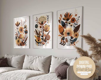 Scandinavian Floral Folk Art Set of 3, Printable Abstract Flower Art, Living Room Bedroom, Nordic Wall Art, Norwegian Art