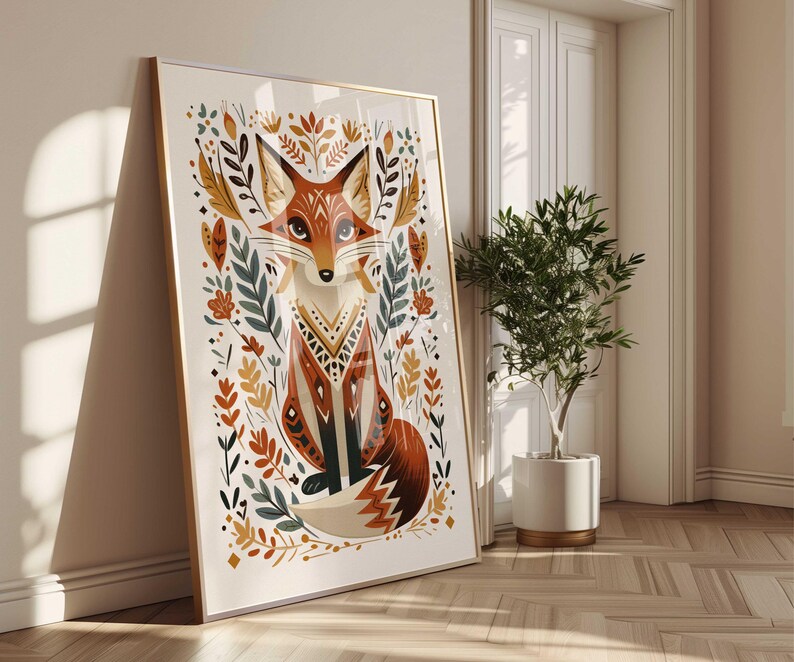 Tierdruck Fuchs, Skandinavische Wandkunst, Volkskunst Fuchs, Druckbares Poster, Nordische Wandkunst, Norwegische Kunst, Wohn- & Kinderzimmer