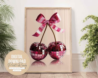 Impresión de cereza con bola de discoteca, decoración de cocina, arte de bola de discoteca, decoración coqueta, impresiones de arte preppy, arte de pared moderno, póster imprimible, cereza