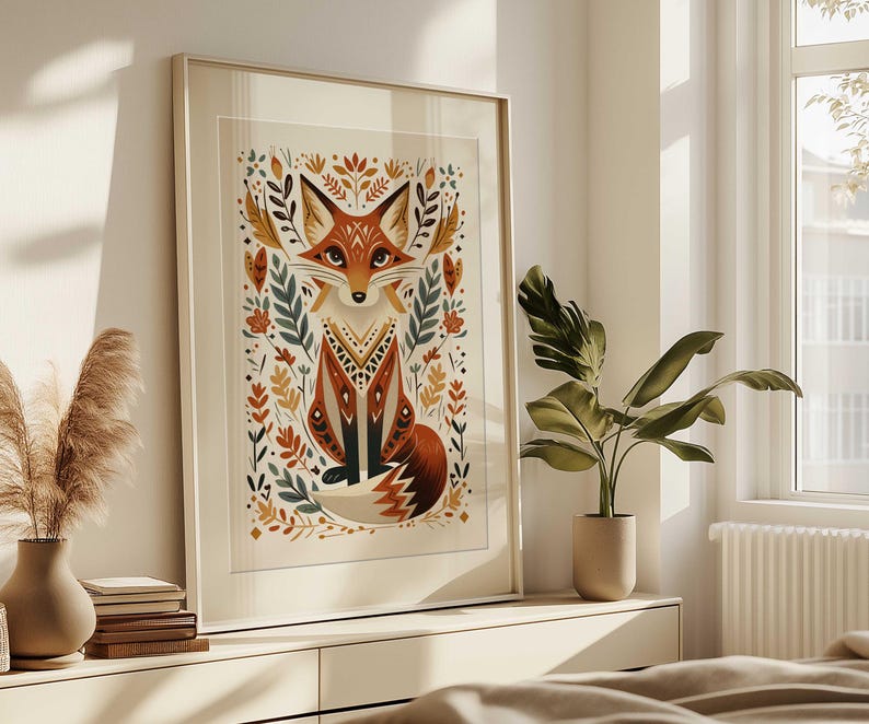 Tierdruck Fuchs, Skandinavische Wandkunst, Volkskunst Fuchs, Druckbares Poster, Nordische Wandkunst, Norwegische Kunst, Wohn- & Kinderzimmer