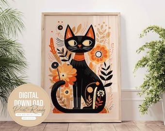 黒猫ポスター、猫好きへのギフト、印刷可能なポスター、北欧の壁アート、スカンジナビアアート、黒猫プリント
