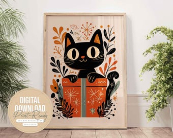 黒猫のポスター、猫好きの方へのギフト、印刷可能なポスター、猫のクリスマスプリント、スカンジナビアアート、黒猫のプリント