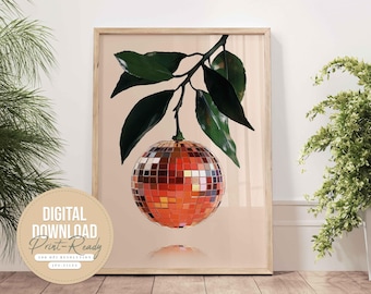 Impresión de bola de discoteca naranja, arte de pared retro, decoración de cocina, arte de bola de discoteca, impresiones de arte preppy, arte de pared de moda, póster imprimible, naranja