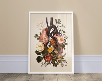 Botanische Lunge Poster - Vintage Anatomie Poster, Druckfertige Wandkunst, Neutrale Farben, Retro florale Blumen, Lungen Poster, Boho Deko