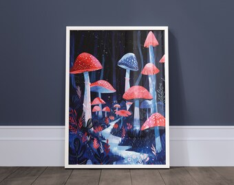 Pilz Poster | Magische Pilz Landschaft, Leuchtende Farben, Digitales Wandbild, Florales bezauberndes Dekor, Botanischer Mushroom Poster Stil