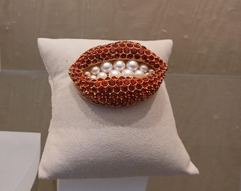 Salvador Dali Style Ruby Lips Brooch – Red Swarovski Crystals & Pearl Teeth – Surrealist Statement Jewelry