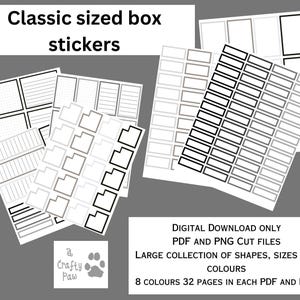 May include: A collection of classic-sized box stickers in various shapes and sizes. The stickers are in shades of gray and black, with some featuring lined and dotted patterns. The text "Classic sized box stickers" is at the top. The image also includes the text "DIGITAL DOWNLOAD ONLY".