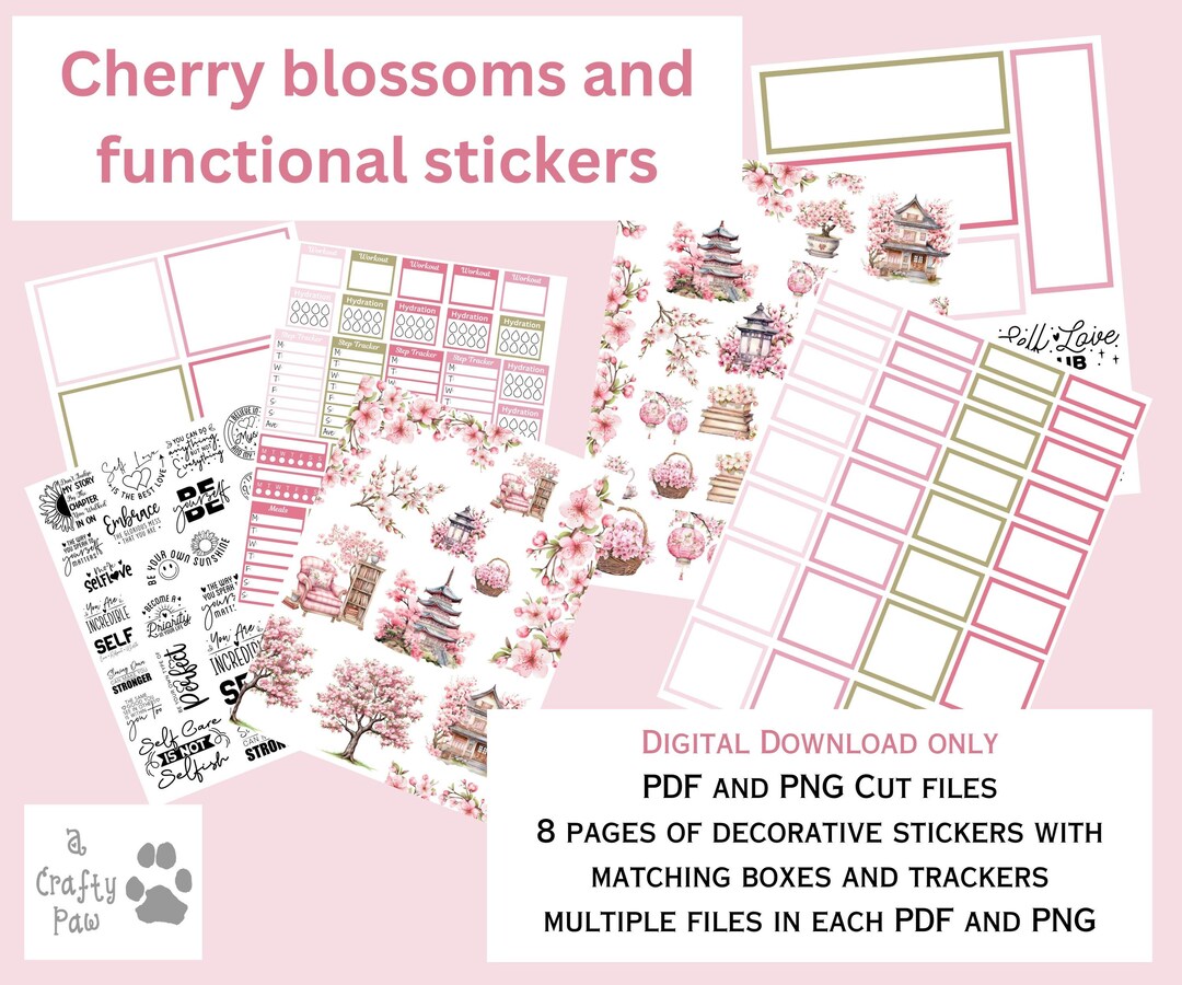 Cherry Blossom Planner Stickers | Spring Decorative + Functional Boxes ...
