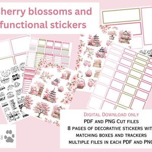 Puede incluir: Ocho páginas de pegatinas de planificador imprimibles con flores de cerezo, diseños de inspiración japonesa y cuadros y rastreadores funcionales. Las pegatinas son descargas digitales en formato PDF y PNG.