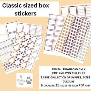 Könnte beinhalten: Digitaler Download von 32 Seiten mit druckbaren Planer-Stickern in 8 Farben. Die Sticker sind in verschiedenen Formen und Größen, darunter Boxen, Quadrate und Rechtecke. Die Sticker sind perfekt zum Organisieren und Dekorieren von Planern, Tagebüchern und Notizbüchern.