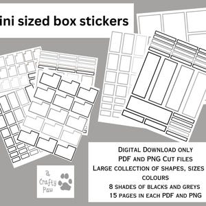 May include: Printable digital download of 15 pages of mini box stickers in various shapes and sizes. The stickers are in black and grey shades. The text on the image reads "Mini sized box stickers", "Digital Download Only", "PDF and PNG Cut Files", "Large Collection of Shapes, Sizes and Colours", "8 Shades of Blacks and Greys", and "15 Pages in Each PDF and PNG".