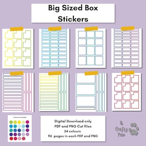 May include: A collection of digital sticker sheets featuring various rectangular and tabbed box shapes in multiple colors. The text reads Big Sized Box Stickers, Digital Download only, PDF and PNG Cut files, 24 colours, 96 pages in each PDF and PNG.