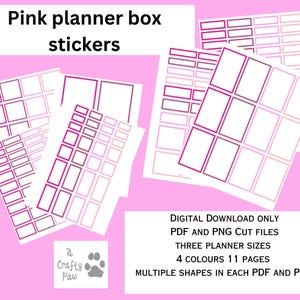 May include: Pink planner box stickers with multiple shapes and sizes. The stickers are in four colors and come in 11 pages. Digital download only, PDF and PNG cut files.