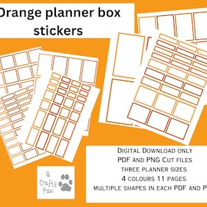Orange Printable Planner Stickers – Functional Boxes | A4 PDF & PNG | Cricut-Friendly | 11 Files | Instant Download