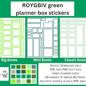 May include: Digital download of planner box stickers in various green shades. The stickers come in three sizes: big, mini, and classic. The image shows examples of each size.