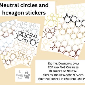 May include: Digital download of neutral-toned circle and hexagon stickers. The design features various shades of brown, beige, and black geometric shapes. The text reads "Neutral circles and hexagon stickers" and "Digital download only".