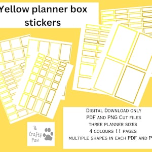 Yellow Printable Planner Stickers – Functional Boxes | A4 PDF & PNG | Cricut-Friendly | 11 Files | Instant Download