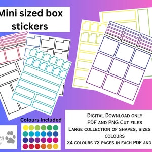May include: A digital download of 72 printable pages of mini box stickers in 24 colors. The stickers are perfect for planners, journals, and other craft projects. The colors included are yellow, orange, red, pink, purple, blue, green, and brown.
