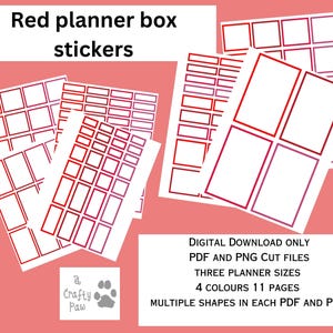 May include: Red planner box stickers in various shapes and sizes. Digital download only. PDF and PNG cut files. Three planner sizes. Four colours. Eleven pages. Multiple shapes in each PDF and PNG.