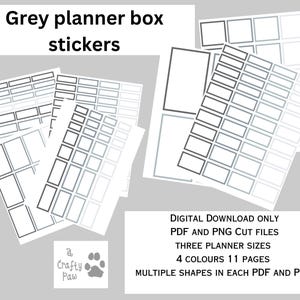 Grey Printable Planner Stickers – Functional Boxes | A4 PDF & PNG | Cricut-Friendly | 11 Files | Instant Download