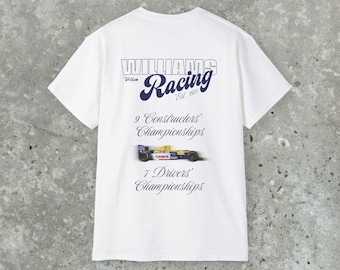 May include: White t-shirt with a blue and yellow Williams Racing logo, a vintage race car graphic, and the text "9 Constructors' Championships" and "7 Drivers' Championships".