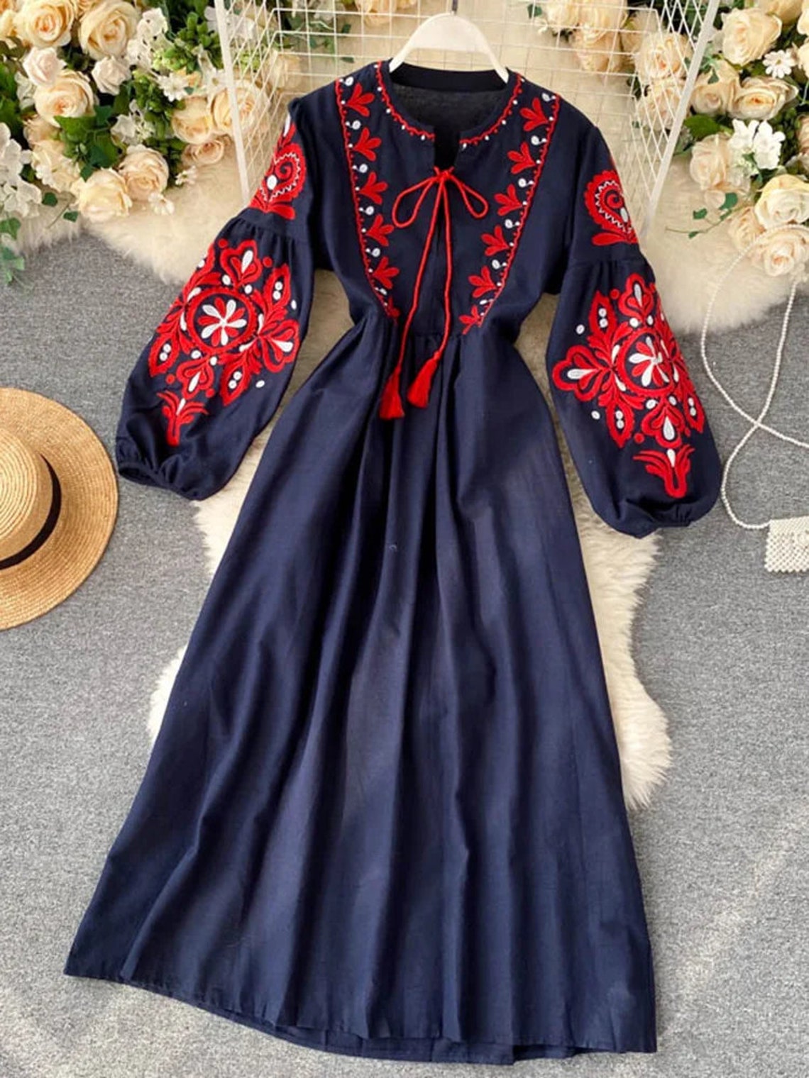 Embroidered Dress, Summer Retro Puff Sleeve, A-line Holiday Maxi Dress ...