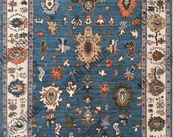 8x10 Turkish Oushak Rug For Home & Office Decor, Handmade Area Rug, Beautiful Floral Rug, Wool Rug, Blue Custom Rug, Item: UH-02 -In Stock.