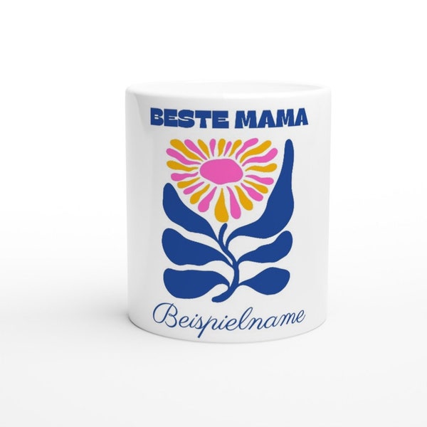 Personalisierte Tasse Muttertag - Geschenk Mama, blau haltbares Blumen Design, Name, Keramik, Spülmaschinenfest, Mikrowellengeeignet, Druck