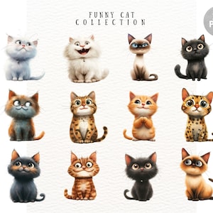 May include: A collection of 12 cartoon cat illustrations in various colors and poses. The cats have expressive faces and are in a watercolor style. The text "FUNNY CAT COLLECTION" is at the top.
